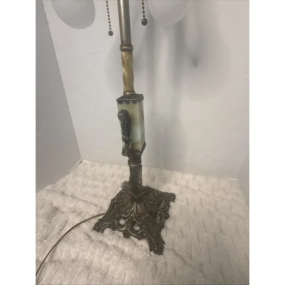Antique Art Deco Double Socket Slag Glass Table Lamp Akro Agate Custard Uranium